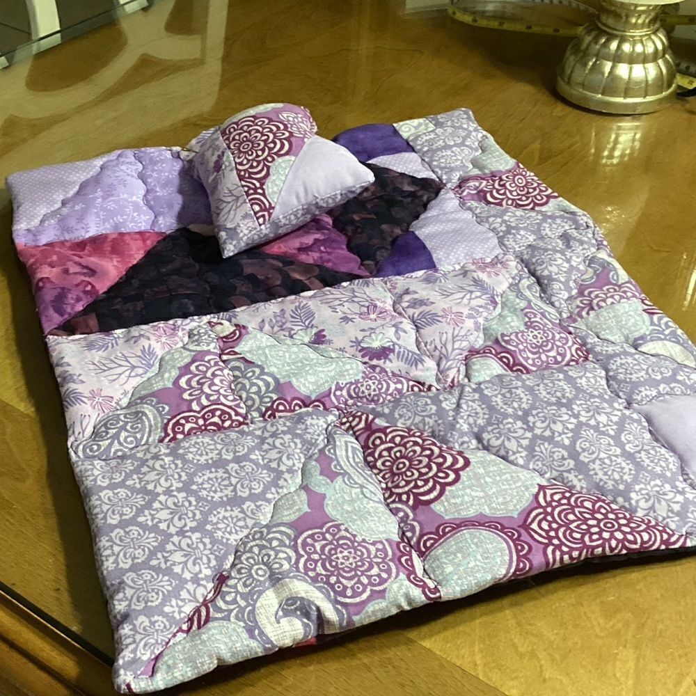 NWOT. Hand Crafted Quilted Reversible Doll/Stuffed Animal Blanket and Pillow Set
